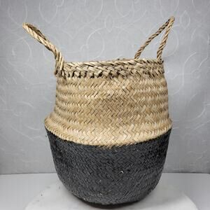 Seagrass Belly Basket 12" Tan Black Woven Wicker Home Storage Handles Lined New